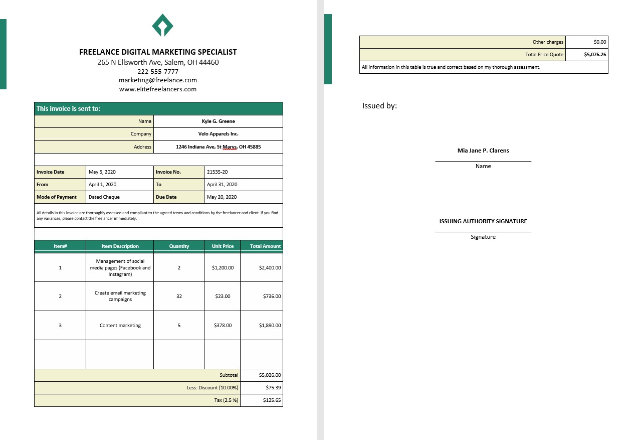 Freelance Service Invoice Template PSD template